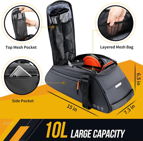 WOTOW Bike Rack Bag Waterproof - 10L Large Capacity Bicycle Saddle Panniers with Shoulder Strap & Hook