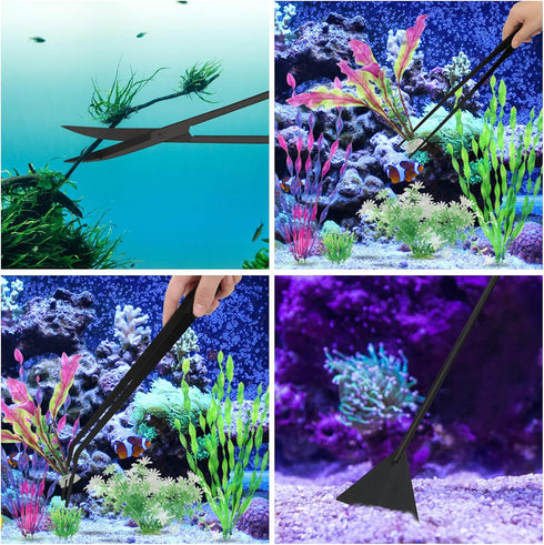 15in Aquarium Aquascape Tools Kit, 4 in 1 Stainless Steel Aquatic Plant Tool Set (Black)