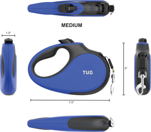 TUG 360° Tangle-Free Retractable Dog Leash with Anti-Slip Handle, 16 ft Strong Nylon Tape (Medium, Blue)