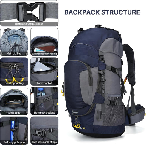 ShowyLive 60L Waterproof Hiking Backpack for Men - Durable, Lightweight with Rain Cover and Adjustable Straps, Blue