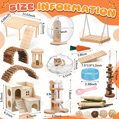 Sonwyoung 40 9.5'' Pcs Hamster Cage Accessories, Exercise Wheel, Wood Platform Hideout House, Water Bottle, Sand Bath