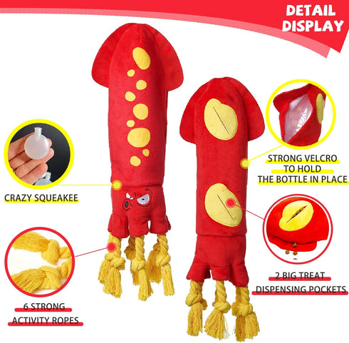 Water Bottle Dog Toys - Squeaky Enrichment Treat Dispensing Plush Toys for Small Medium Large Dogs