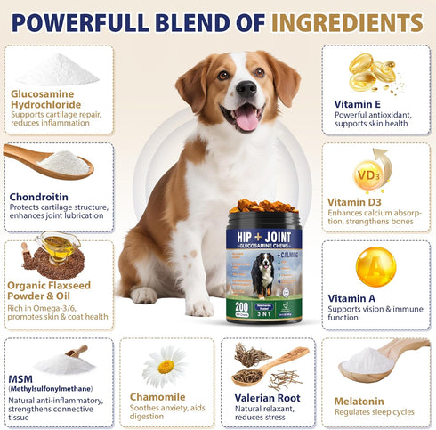 200 Omega3, Inflammatory Hip and Joint Supplement for Dogs Dog Calming Chews with Glucosamine, Chondroitin, Msm