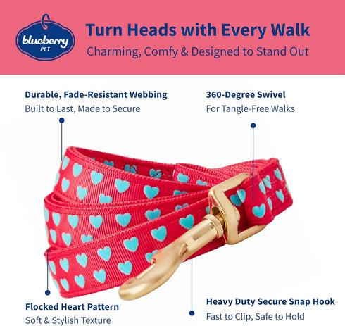 Blueberry Pet Valentine's Day Dog Leash - Velvety Soft-Touch Heart Flocking Lead for Medium Dogs, Lust Red, 5 ft x 3/4"