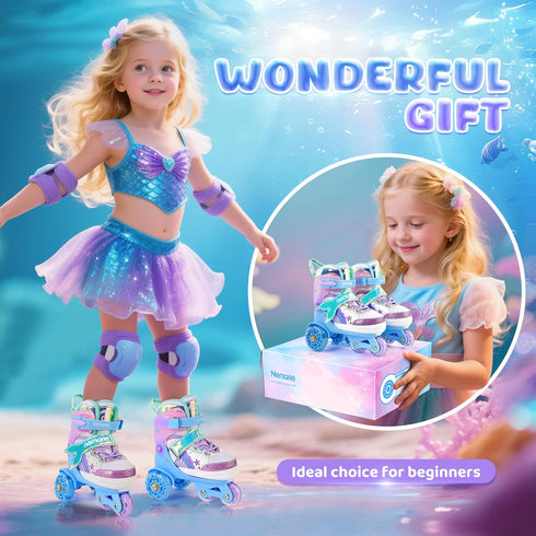 4 NEMONE Mermaid Size Adjustable Light up Roller Skates for Girls, Purple Blue Skates for Toddlers, Beginner Kids
