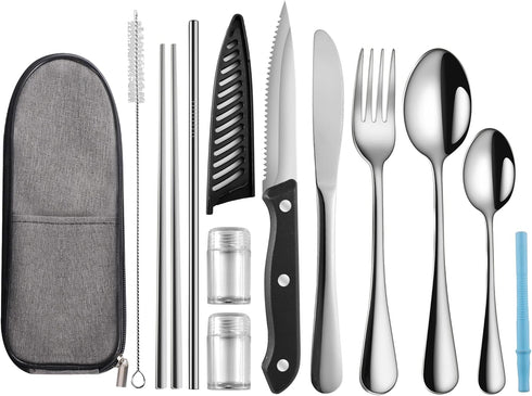 Portable Travel Utensils Set, Reusable Stainless Steel Flatware Set with Case, Cutlery for Camping, School, Picnic