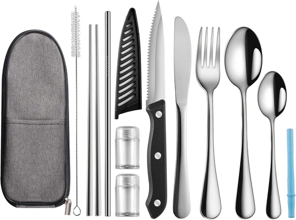 Portable Travel Utensils Set, Reusable Stainless Steel Flatware Set with Case, Cutlery for Camping, School, Picnic