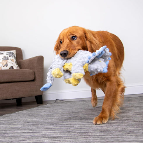 goDog Dinos Frills Squeaky Plush Dog Toy with Chew Guard Technology, Durable Fabric & Squeaker for Active Play, Gray