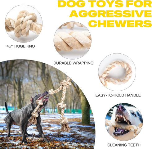 Fida Large Dog Rope Toys for Aggressive Chewers, 29" Indestructible Tug of War Toy with 3 Knots and Handle, Natural
