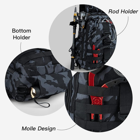 Night Cat Fishing Tackle Backpack, Fly Fishing Sling Bag with Rod Holder and Storage