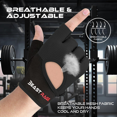 BEAST RAGE Workout Gloves for Men & Women - Fingerless Gym Gloves with Palm Protection, Breathable & Lightweight