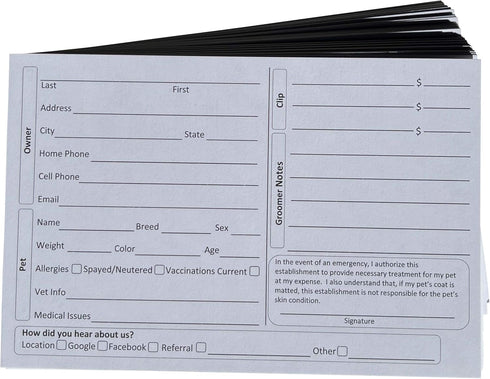 Gray Dog Grooming Client Cards, 4X6 (100 Pack), Client Information Clip Cards for Pet Groomers
