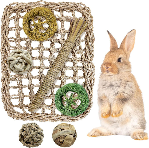 Hamiledyi Rabbit Seagrass Activity Mat Bunny Toy Hanging Rabbit Chew Toys for