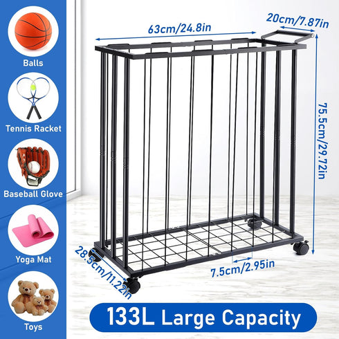 TOBWOLF Large Garage Ball Storage Rack with Wheels, Sports Equipment Organizer Rolling Ball Storage Cart, Freestanding