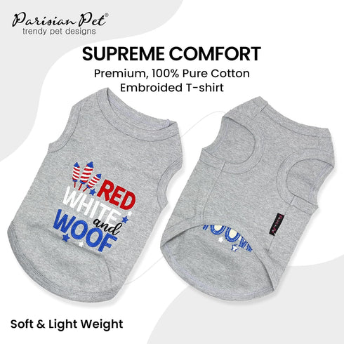 Parisian Pet Dog T-Shirt - Embroidered Red White and Woof 100% Cotton, Breathable Dog Clothes - Grey Sleeveless Pet Vest - Machine Washable Dog Shirt for Large Dogs - L
