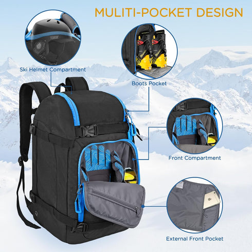 WOLT Ski Boot Backpack Bag - 50L Durable Travel Backpack for Ski Gear, Helmet, Goggles, Gloves, Snowboard