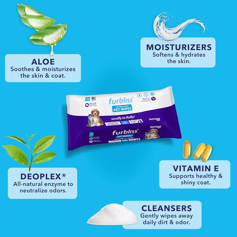 Vetnique Labs Furbliss Hygienic Pet Wipes for Dogs & Cats, Cleansing Grooming & Deodorizing Hypoallergenic Thick Wipes with All Natural Deoplex Deodorizer (Unscented, 100ct Pouch)