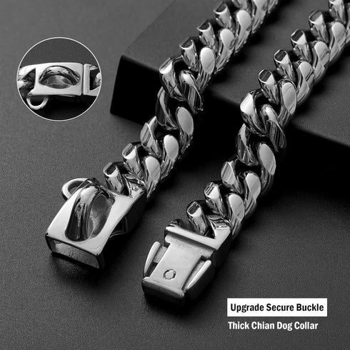 Strong Stainless Steel Silver Metal Dog Collars with Secure Buckle - 14MM Cuban Lock Link Chain for Training