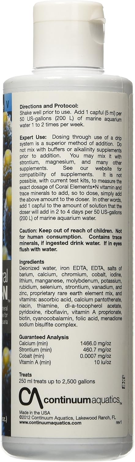 Continuum Aquatics Coral Elements N - Vitamin & Trace Mineral Nutrient Supplement for Coloration of Live Corals & Reef Aquarium, 250-ml
