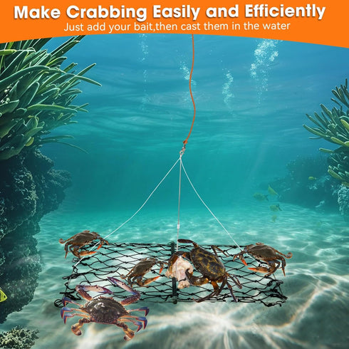2 Set QualyQualy Castable Crab Trap Kit, Foldable Crabbing Net with Rope & Bait Clip, Crab Snare/Pots/Traps for Blue