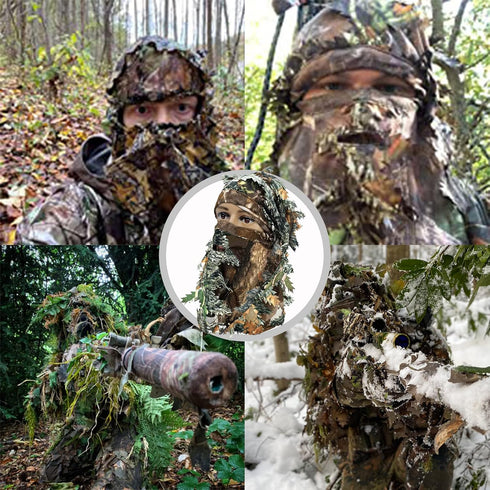 Ghillie Camouflage Leafy Hat with Camo 3D Leaf Face Mask, Full Coverage Breathable Hunting Mask Accessories