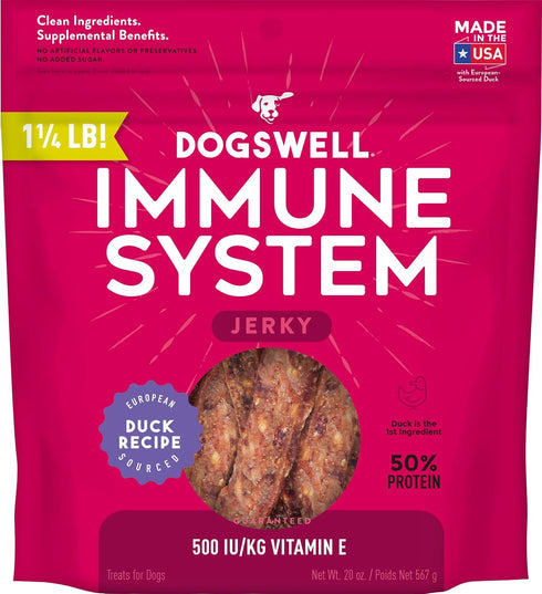 Dogswell Immunity & Defense, 20 oz - Duck Jerky with Flaxseed Oil, Turmeric, Vitamin E & A for Healthy Aging