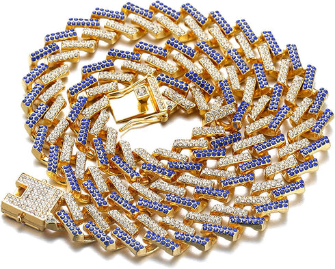 Halukakah Iced Out Gold Chain for Large Dogs - 14MM Diamond Cuban Link Necklace Collar with Blue Diamonds, 22" Size