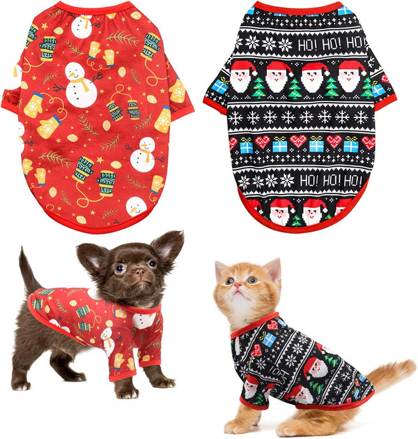 HYLYUN Dog Christmas Shirt - 2 Packs of Soft Breathable Pet Shirts for Small Dogs and Cats, Christmas Printed Clothing