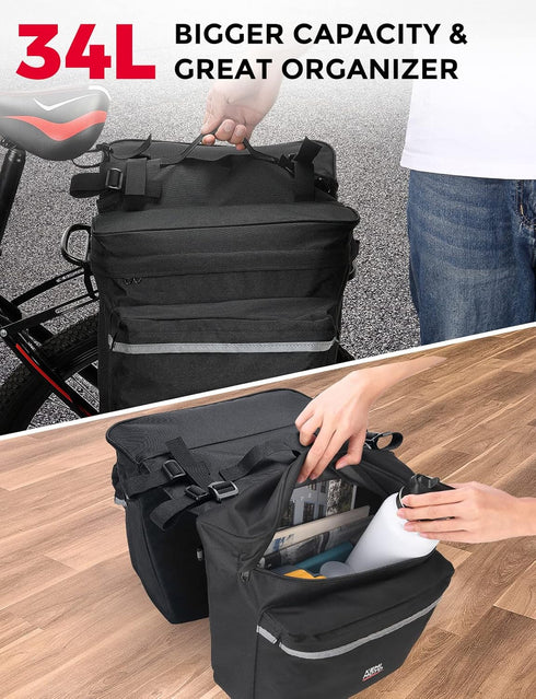 KEMIMOTO Bike Bag Panniers for Bicycle Rear Rack, 34L Capacity Water Resistant Storage Saddle Bag, Black
