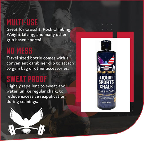 IRON AMERICAN Liquid Chalk - No-Mess Long-Lasting Grip Chalk for Weightlifting, Gymnastics, Rock Climbing, Fitness