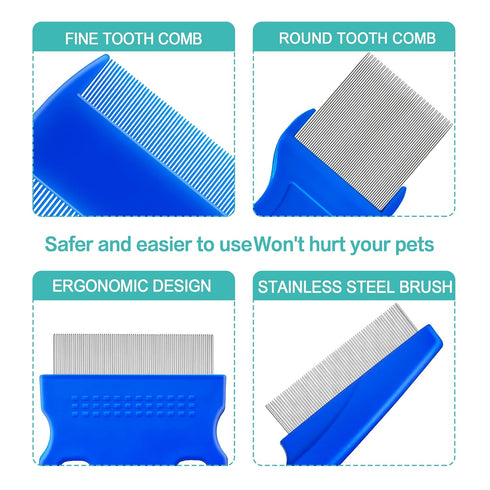 5 Pack Flea Lice Comb - Stainless Steel Dog & Cat Grooming Combs with Rounded Teeth, Dematting Comb for Pets