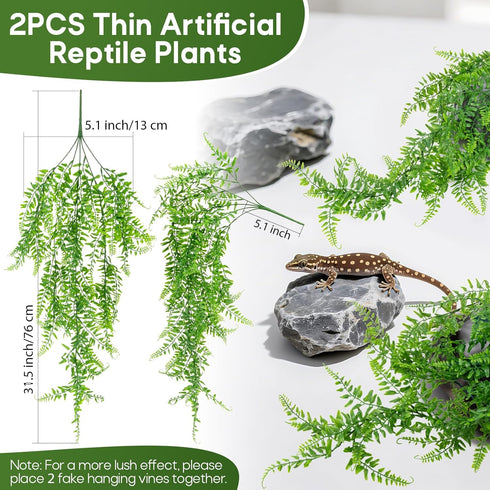 RAINFLOW 2PCS Decor(L31.5) Reptile Plants for Terrarium - Fake Hanging Terrarium Plants, Artificial Boston Fern