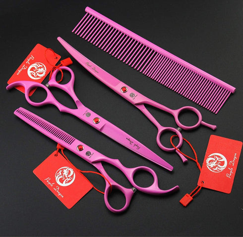 7.0 inch 3PCS Set Purple Dragon Pink Pet Grooming Scissors Cat Dog Hair Cutting & Thinning Shears for Women Female Pet