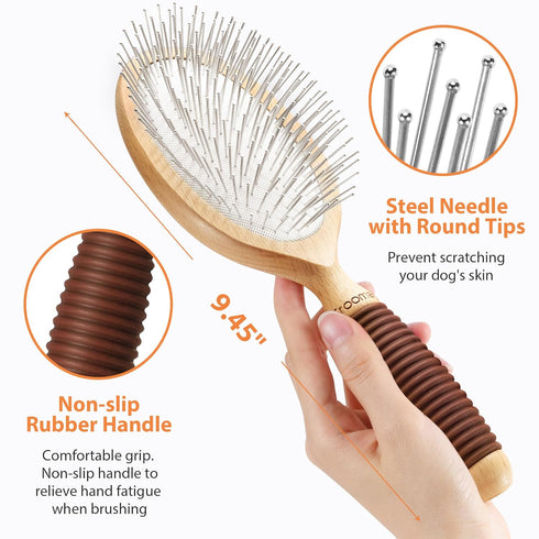 Dog Brush, Pin Brush for Dogs, 27mm Extra Long Pin Brush for Shedding, Beech Wood Material, Non-Slip Rubber Handle