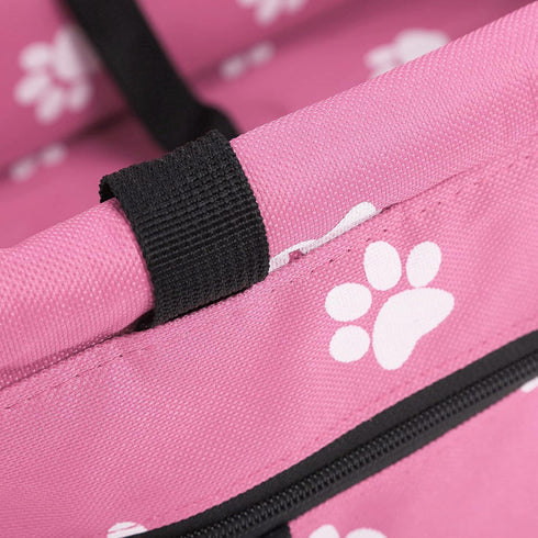 Pet Safety Seat with Oxford Cloth Bear Paw Pattern, Washable Adjustable Strap Carrier Storage Bag for Travel (Pink Paw