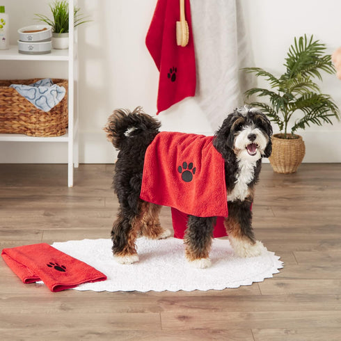 Bone Dry Pet Grooming Towel Collection, Embroidered Absorbent Microfiber Drying Set, 15x30, Red, 3 Count