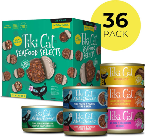 Pack, 36 Pack, 2.8 3 oz. (Pack 36) Tiki Cat Seafood Selects, Ultimate Variety High Protein Servings with Real Flaked