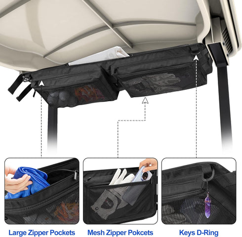 Golf Cart Ceiling Storage Bag, Overhead Organizer Bag for Club Car Precedent, Tempo, Onward, Black