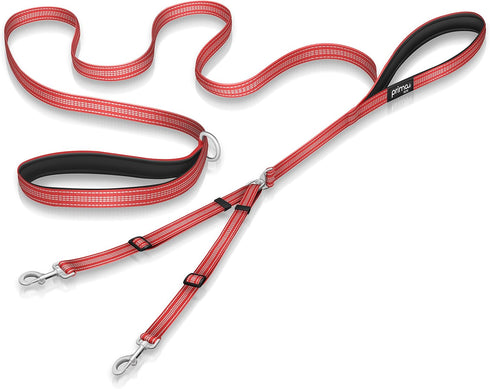 Prima Pet Premium Reflective Double Dog Leash - Adjustable Coupler, 2 Padded Handles, 6 Feet, RED