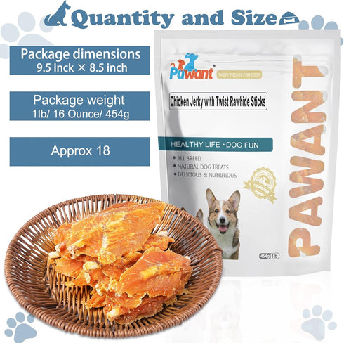 32 oz 4-4.5 Inch Chicken Jerky with Twist Rawhide Sticks for Dogs, - High Protein Real Chicken Breast Dog Chews - Long