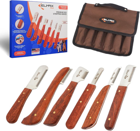 Professional Stripping Knife for Dogs - Pack of 6, Stainless Steel Blades with Wooden Handle Grip