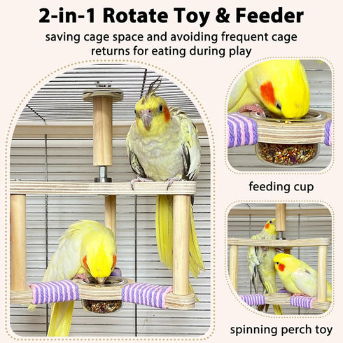 360 Bird Spinning Toy with Feeding Cup, Rotating Bird Perch Toy with Rope-Wrapped for Soft Grip, Interactive Bird Toys
