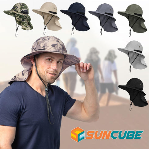 SUN CUBE Wide Brim Sun Hat for Men, Neck Flap Cover, UV Protection for Hiking, Camping, Gardening