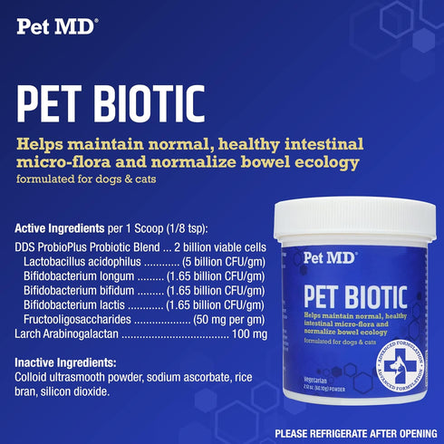 Pet MD Biotic Probiotics for Dogs & Cats, 2.12 oz Powder for Digestive Health, Gas Relief, Constipation, Anti-Diarrhea