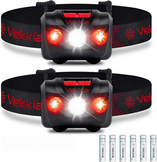 Vekkia Ultra Bright LED Headlamp Flashlight, 2 Pack White and Red Light Headlight with Adjustable Headband