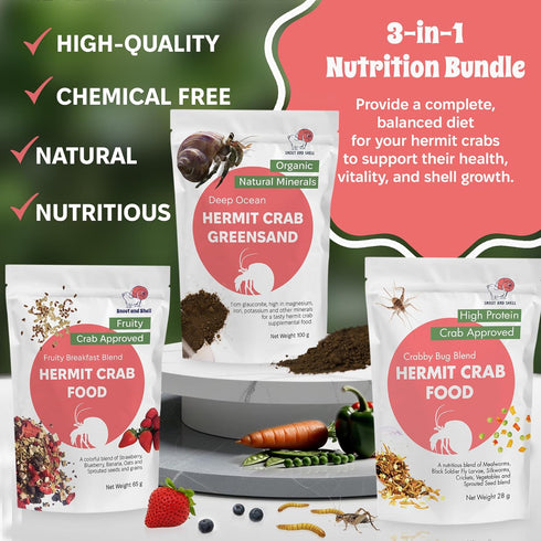 Snout and Shell Hermit Crab Food Bundle Fruity Breakfast Blend, Crabby Bug Blend & Greensand Organic, High Protein