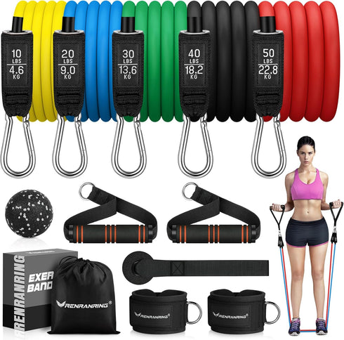 RENRANRING Resistance Bands for Working Out, 150LBS Set with Handles, Ankle Straps for Muscle Training