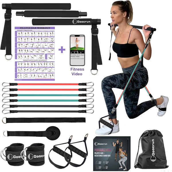 Portable Pilates Bar Kit with Resistance Bands, 3 Set Exercise Resistance Bands for Full-Body Workouts