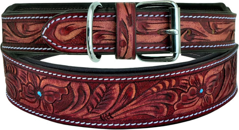 Leather Dog Collar Western Style Heavy Duty Hand Tooled Adjustable Padded for Puppies and Big Dogs