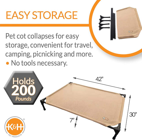 K&H Elevated Outdoor Dog Cot Bed, Raised Cooling Bed with Washable Mesh for Large Dogs, Heavy Duty Frame, Tan